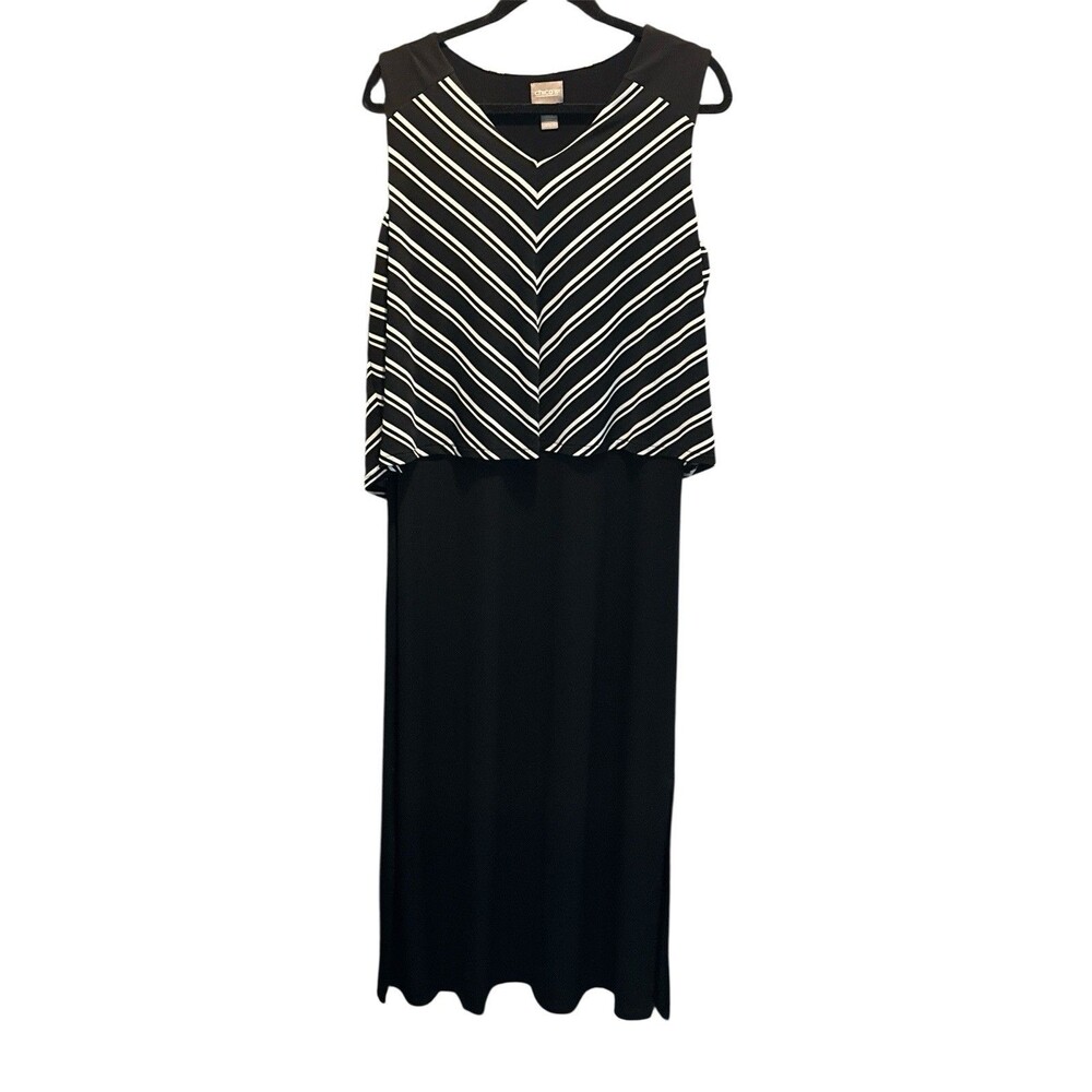 CHICO’S Black & White V Neck Long Maxi Dress chevron popover top Large career